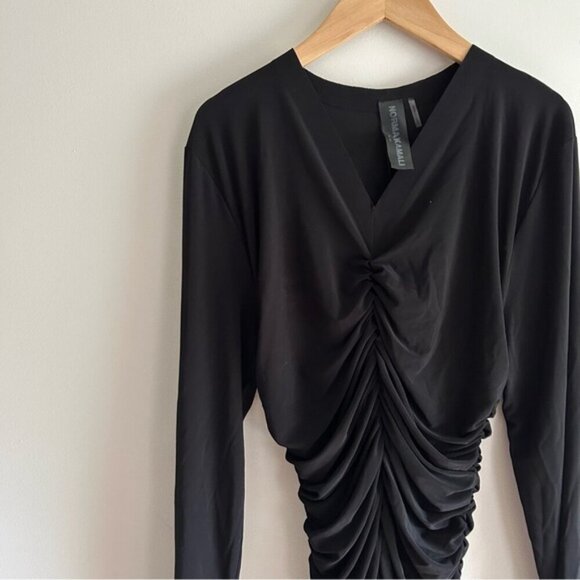 Norma Kamali Black V-Neck Slinky Long Sleeve Black Top sz XL - Picture 3 of 6